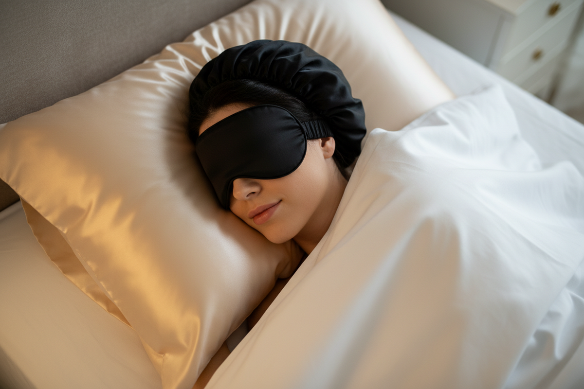 7 side sleeper problems and solutions — black silk sleep mask and bonnet for side sleepers on champagne silk pillowcase