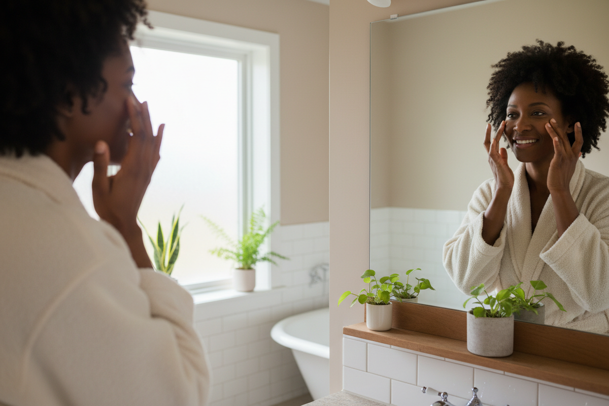 Woman in a white robe smiling at her bathroom mirror while touching the area beneath her eyes, with potted plants on the counter.