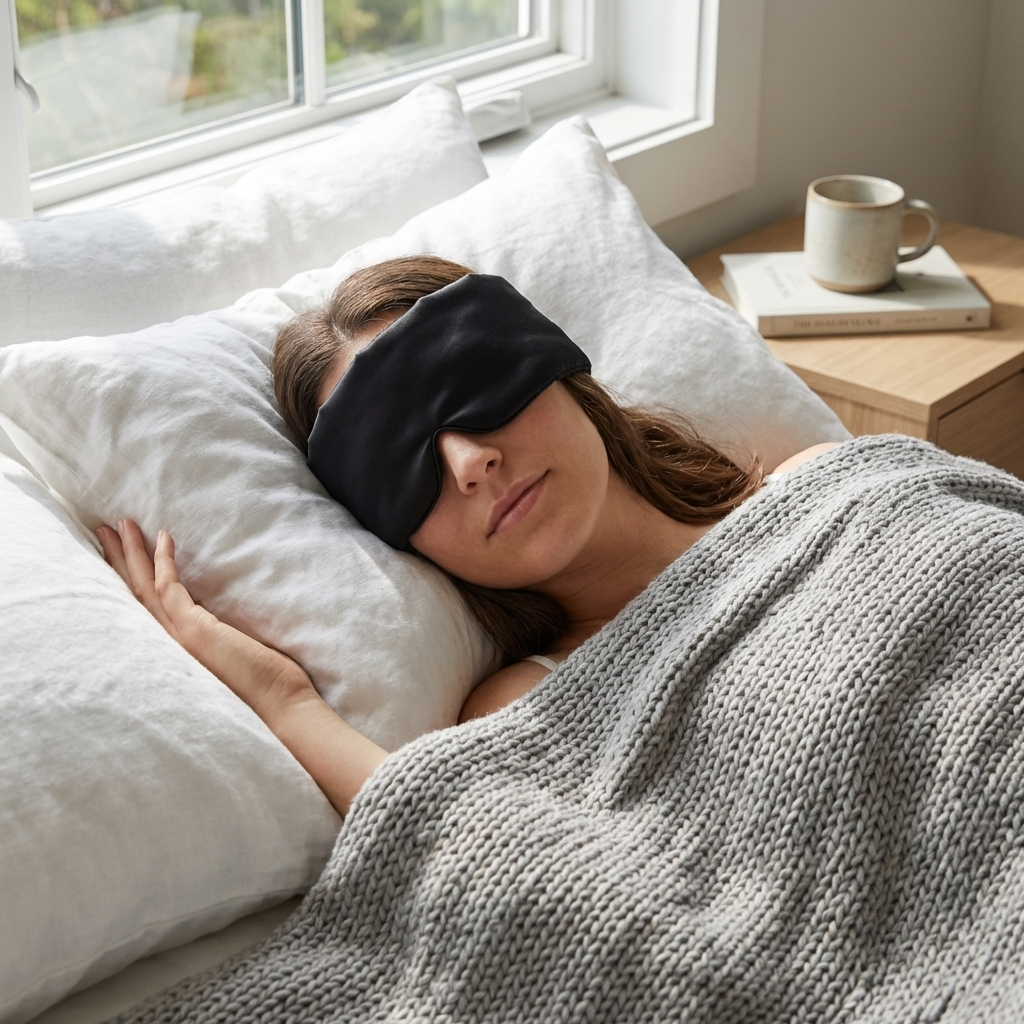 Best sleep mask for eyelash extensions — Soreia contoured silk sleep mask with deep dome eye cavity that protects lash extensions while sleeping