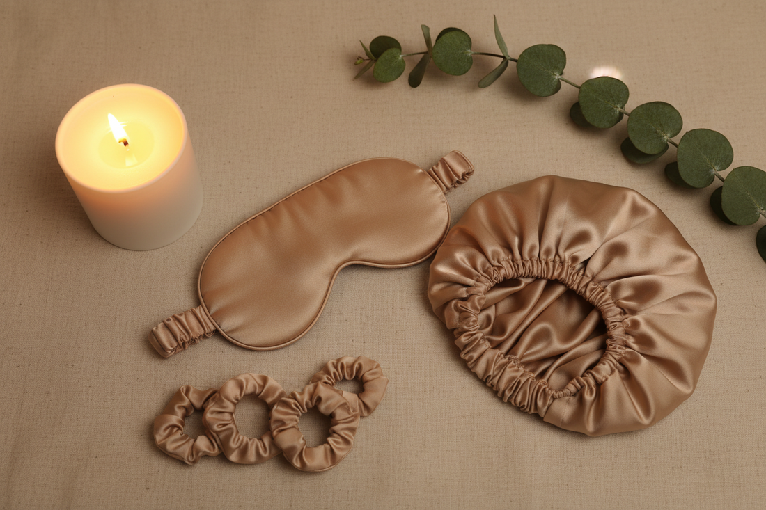 Luxury self-care gifts that actually get used — Soreia silk sleep mask and bonnet set, a practical and indulgent gift for her