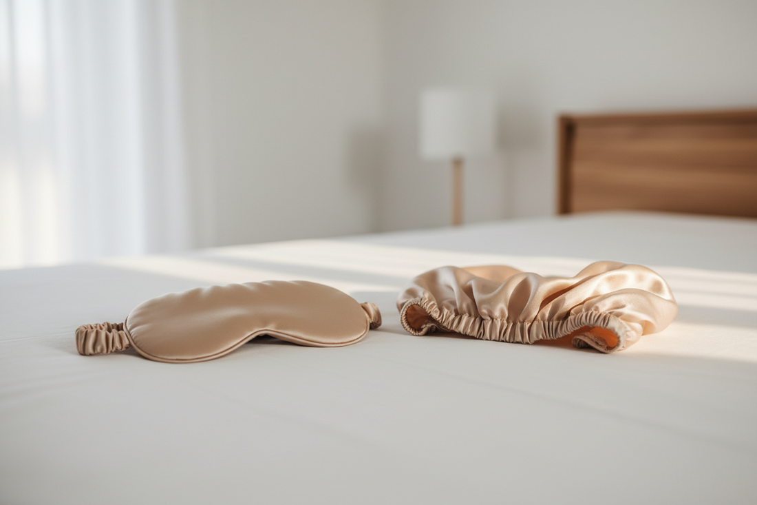 Silk vs cotton sleep mask comparison — Soreia mulberry silk sleep mask showing smooth fabric texture and premium quality