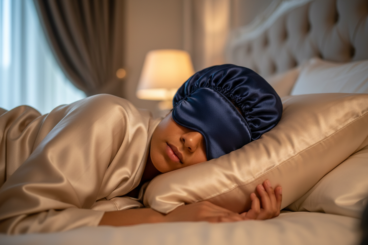 How to protect hair while sleeping — woman wearing silk sleep mask and silk bonnet on champagne mulberry silk pillowcase