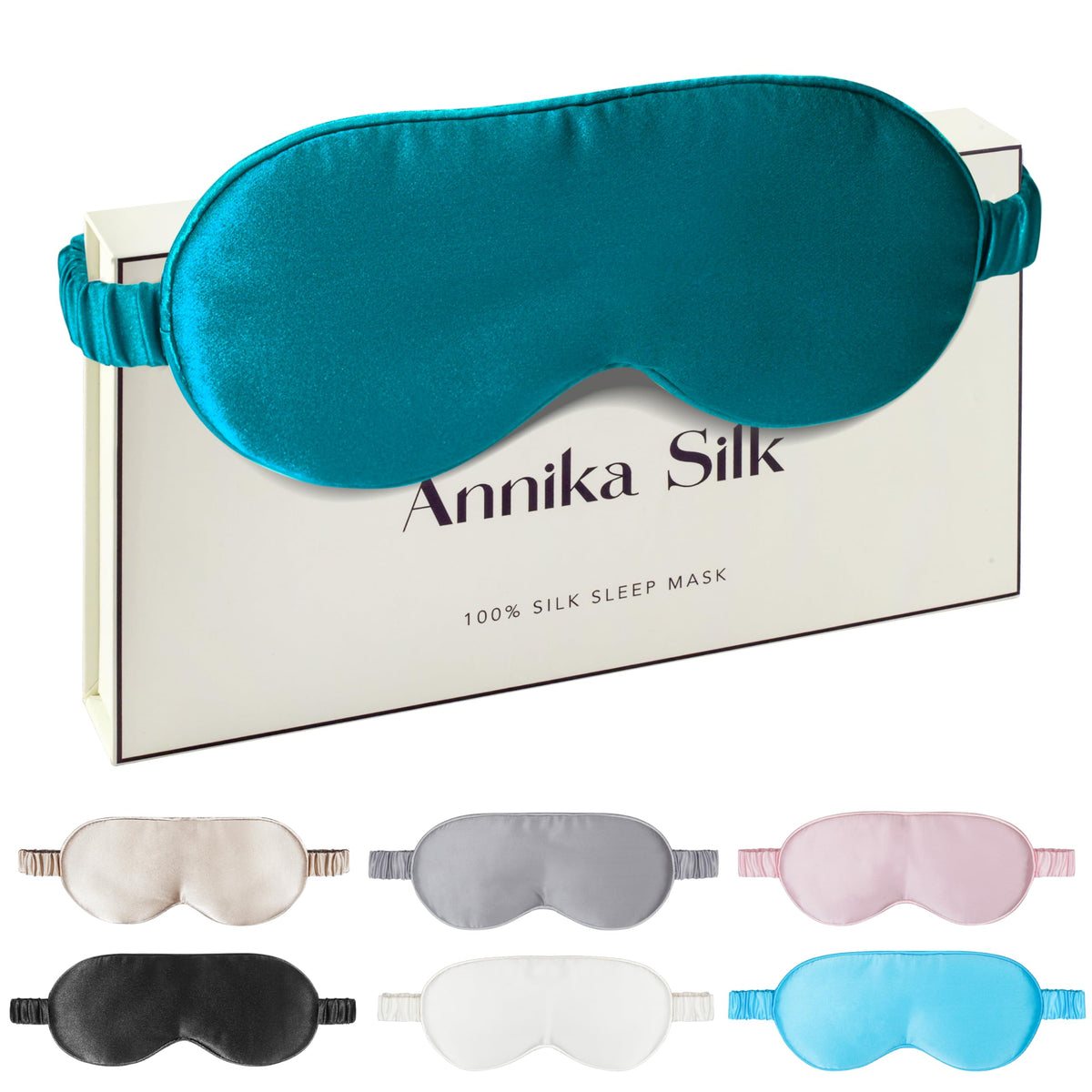 Peacock Blue sleep mask over an Annika Silk box, with six smaller mask color examples below.