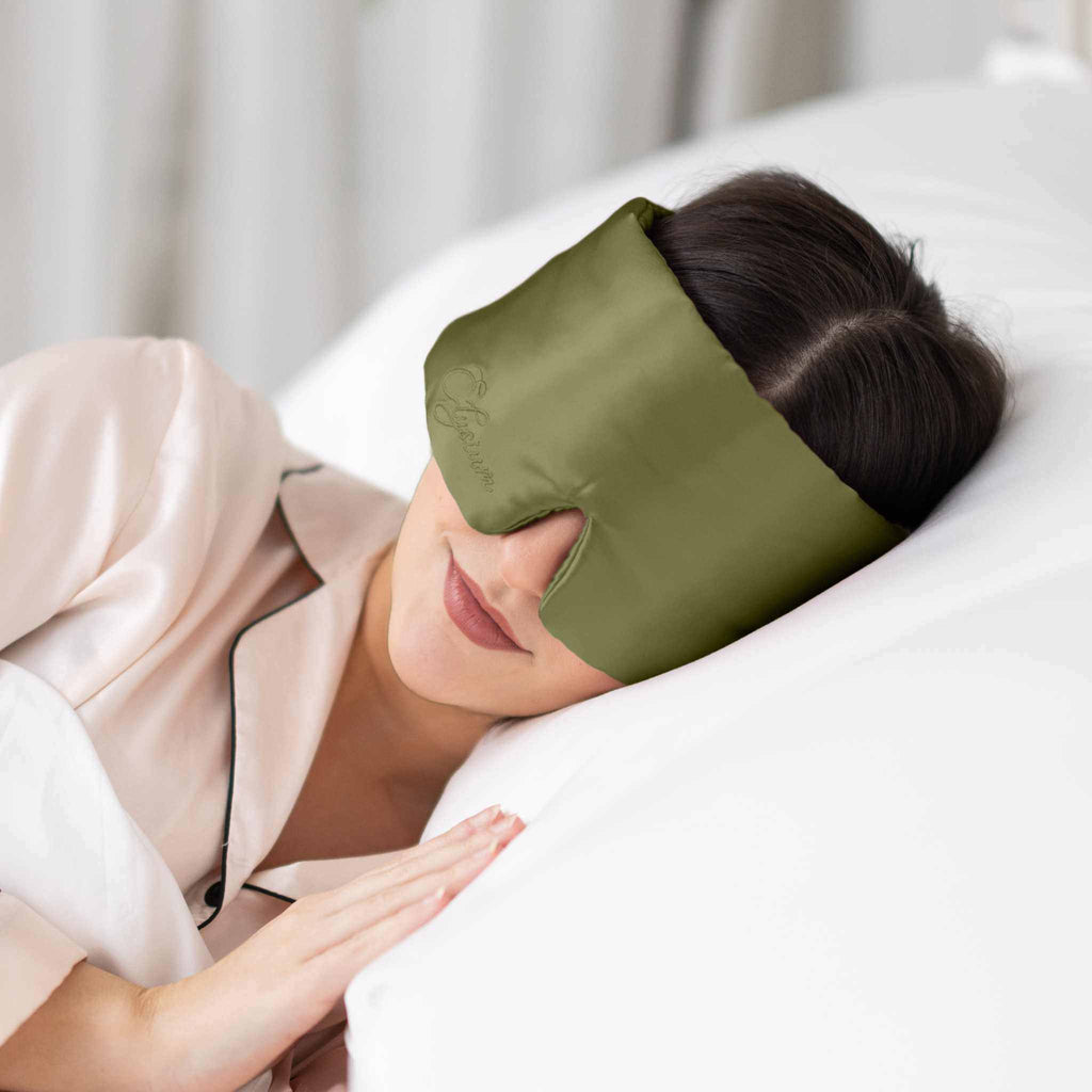Soreia Silk Sleep Set with contoured eye mask and organic silk bonnet in 22 Momme, displayed on a neutral background.