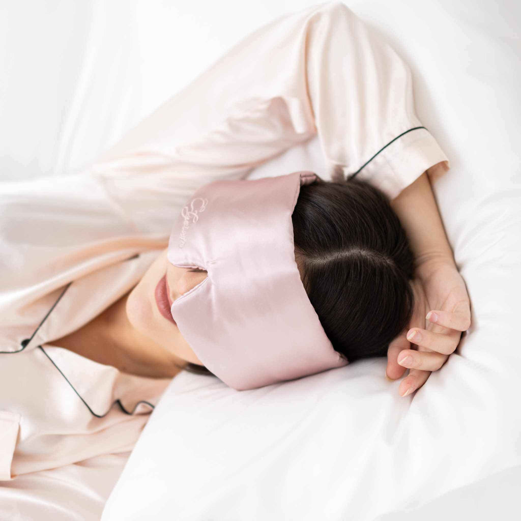 Soreia Silk Sleep Set with contoured silk sleep mask and organic silk bonnet, featuring 22 Momme silk for luxurious comfort.
