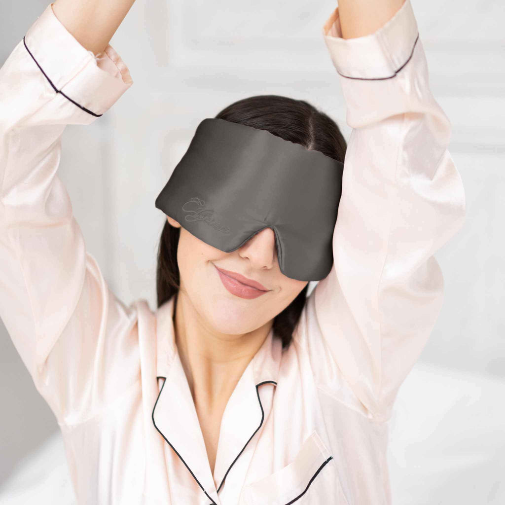 Silk sleep set with Soreia sleep mask and scrunchie in 22 Momme silk, shown on a neutral background.