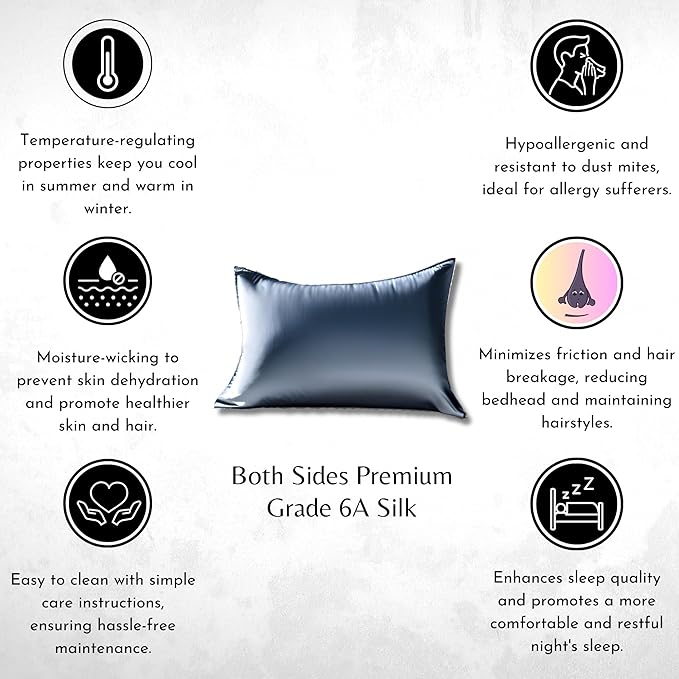 Silver 22 Momme Soreia silk pillowcase made of Grade 6A Mulberry silk, smooth and luxurious for restful sleep.