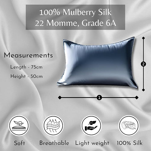 Silver 22 Momme Grade 6A Mulberry silk pillowcase by Soreia, smooth and luxurious with a soft, shiny finish.