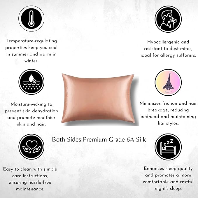 Soreia Rose Gold Mulberry Silk pillowcase, Queen size, Grade 6A 22 Momme, smooth and luxurious silk bedding accessory