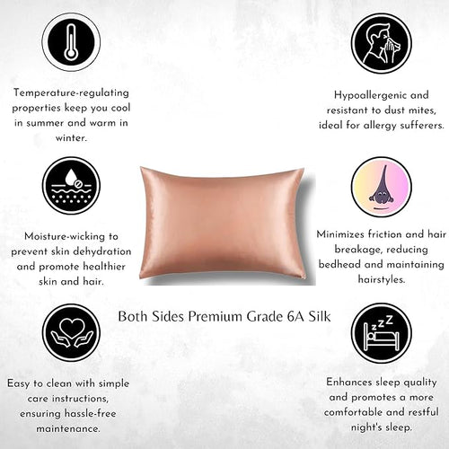 Queen size 100% Mulberry Silk pillowcase in rose gold, 22 Momme Grade 6A silk, soft and luxurious sleep accessory.