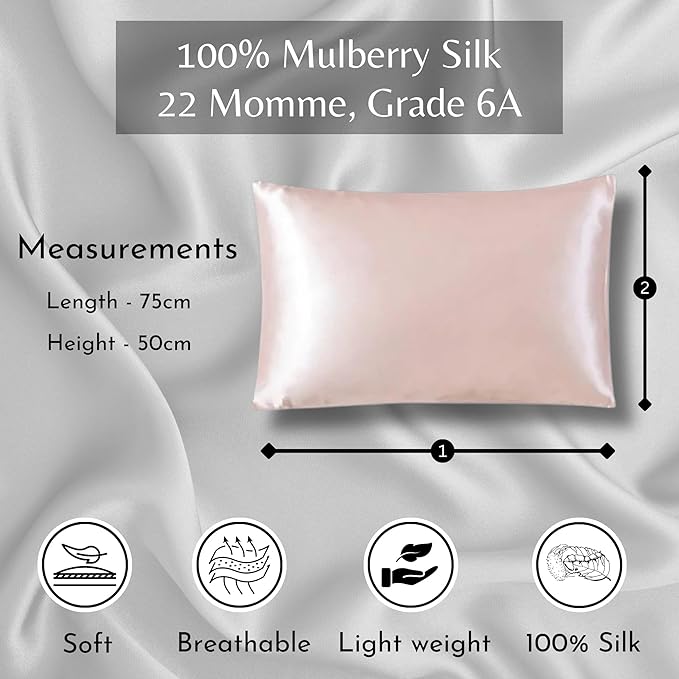 Pink 22 Momme Grade 6A Mulberry silk pillowcase by Soreia, showcasing smooth, shiny silk fabric with a subtle luster.