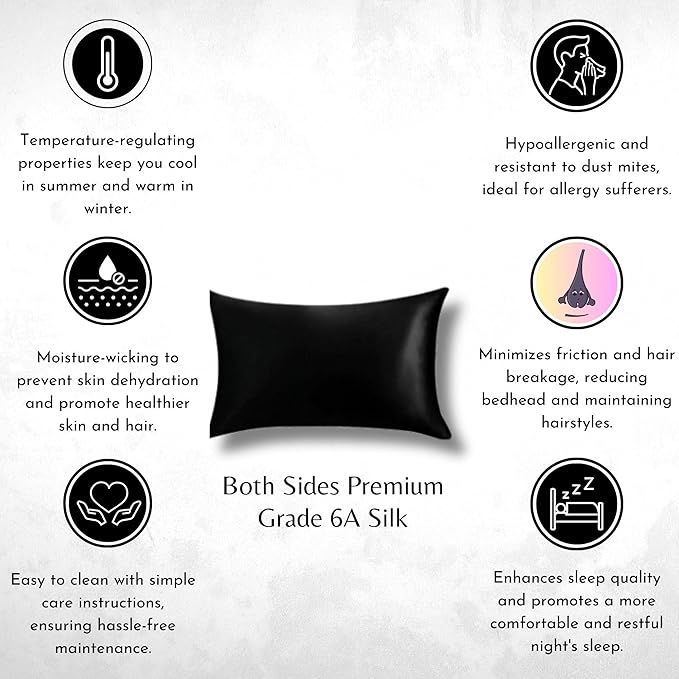 Black Mulberry silk pillowcase by Soreia, queen size, Grade 6A 22 Momme, showcasing smooth, luxurious silk fabric.
