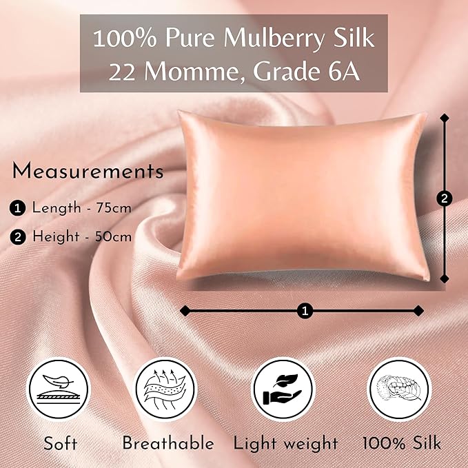 Soreia rose gold grade 6A 22 Momme silk pillowcase, queen size, featuring smooth, luxurious mulberry silk fabric.