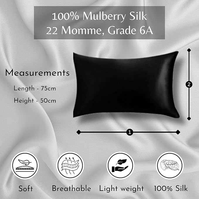 Black Mulberry Silk Pillowcase by Soreia, Queen size, Grade 6A 22 Momme, smooth and luxurious silk bedding.