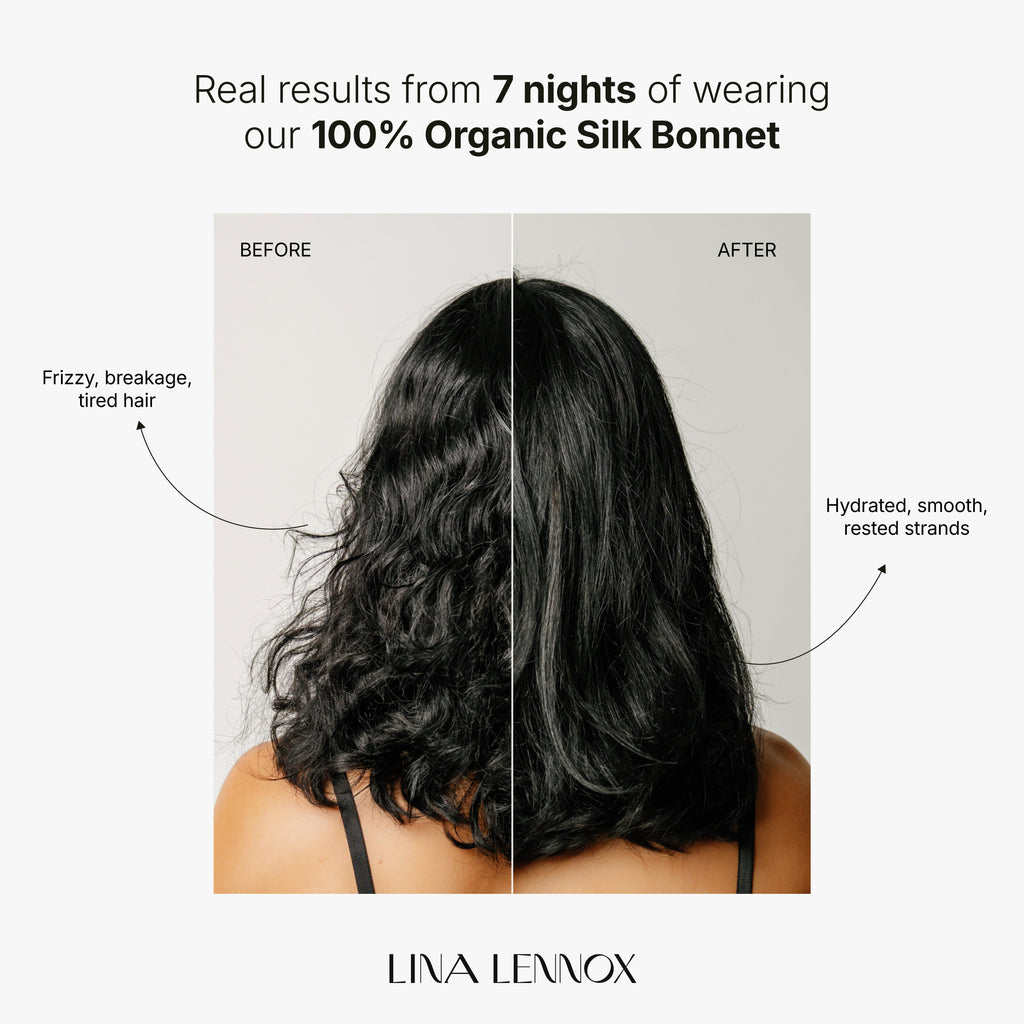 Before and after images of Soreia organic silk sleep bonnet in onyx black, made from 22 momme mulberry silk for hair protection.