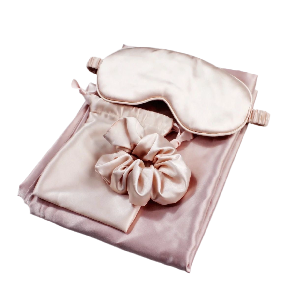 Soreia luxury silk gift set with a pillowcase, sleep mask, and scrunchie made of smooth mulberry silk for beauty sleep.