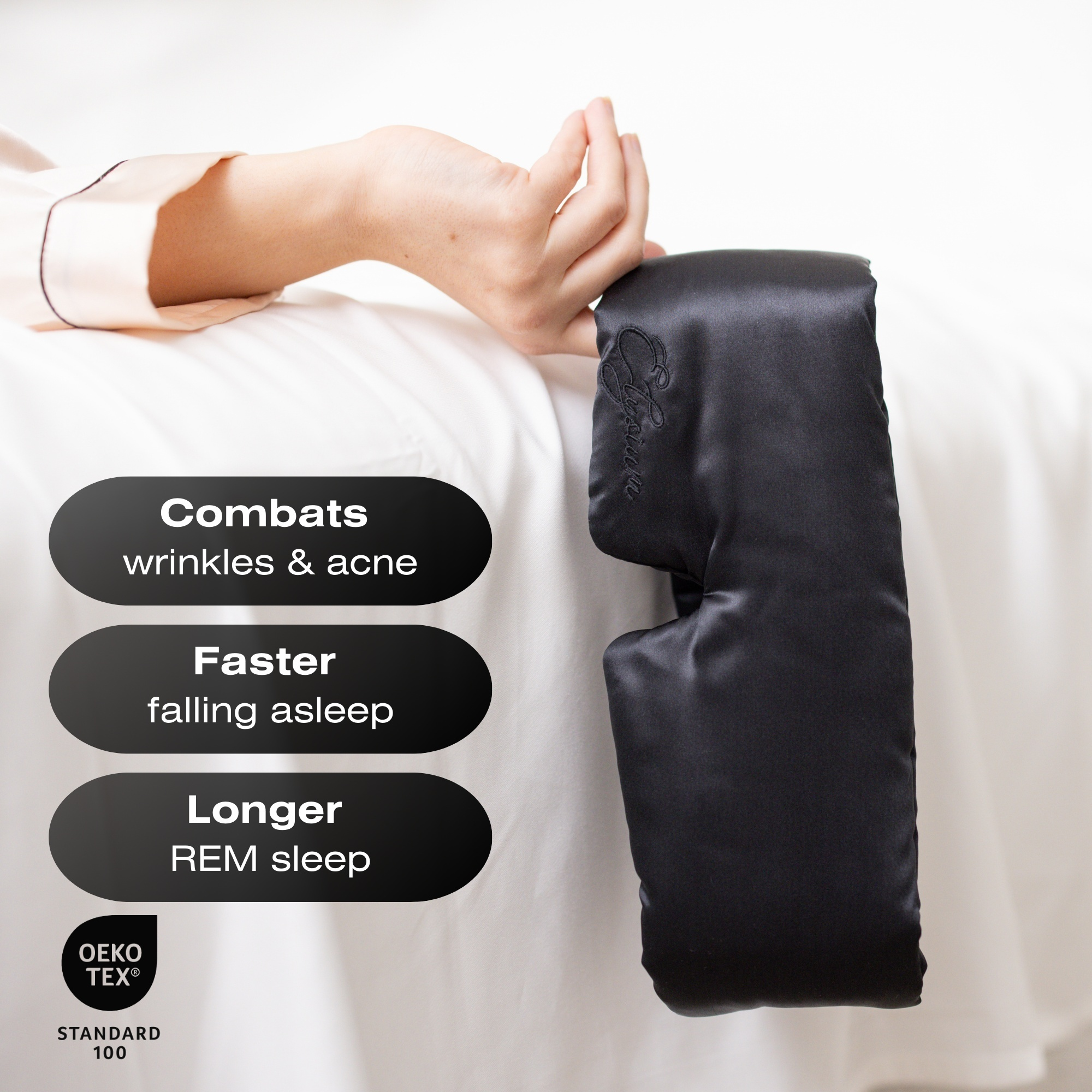 Black Soreia Mulberry Silk Sleep Mask with adjustable fit, 22 Momme for luxurious comfort and light blocking during sleep.