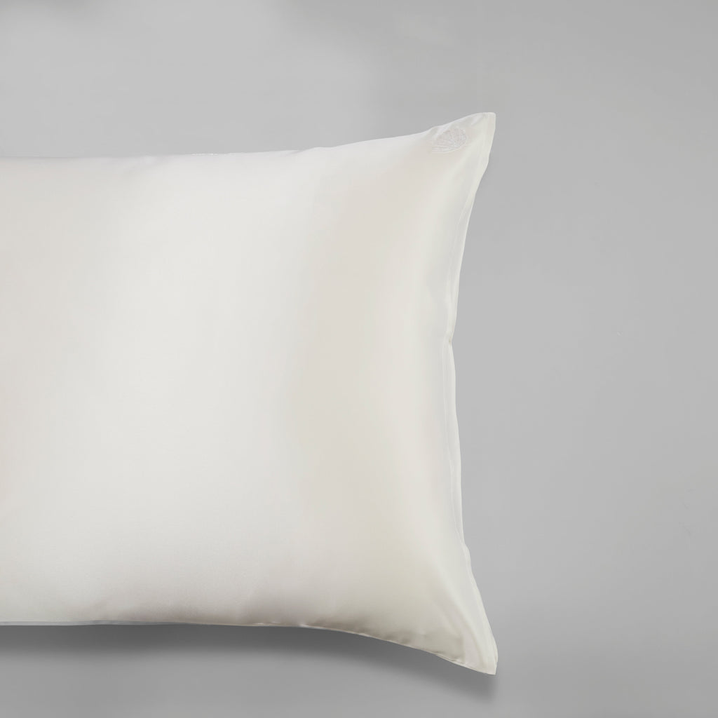 Elegant embroidered Mulberry silk pillowcase by Soreia, 22 Momme charmeuse with intricate embroidery and smooth, luxurious fabric.