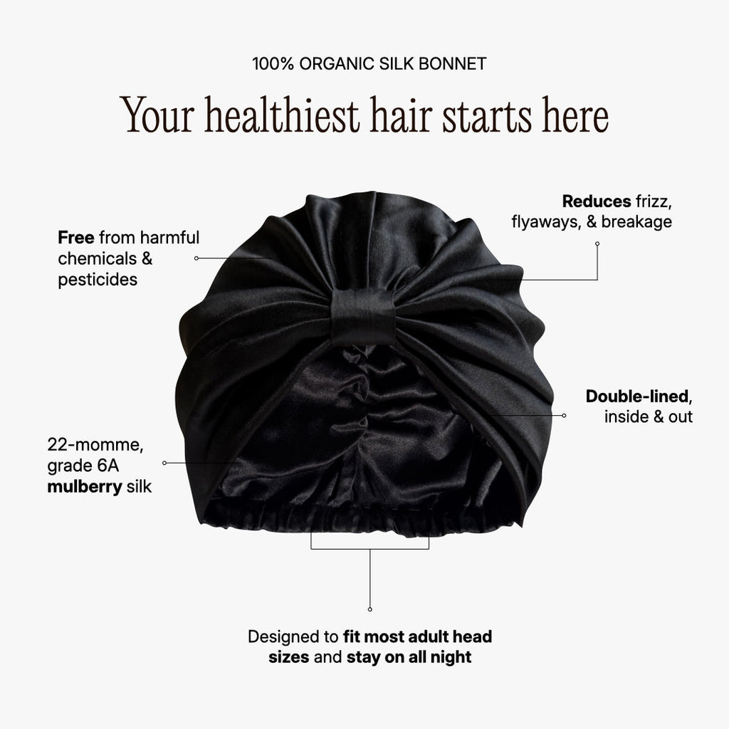 Black silk sleep set with contoured eye mask and organic bonnet from Soreia, made of 22 Momme silk for luxurious comfort.