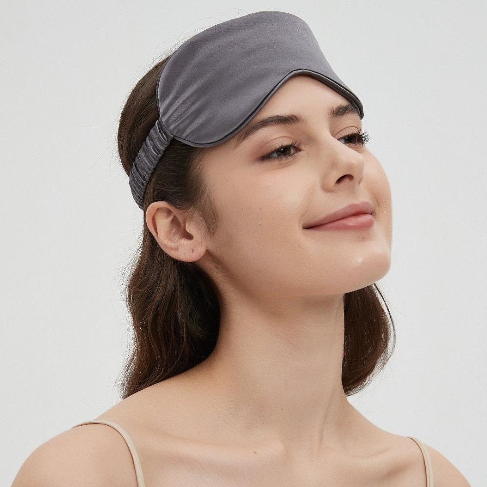Charmeuse silk sleep mask by Perle Silk in charcoal, soft and luxurious eye mask for blocking light and enhancing sleep comfort.