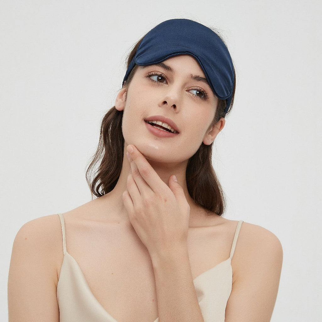 Navy charmeuse silk sleep mask by Perle Silk with soft, luxurious fabric for comfortable eye sleep protection