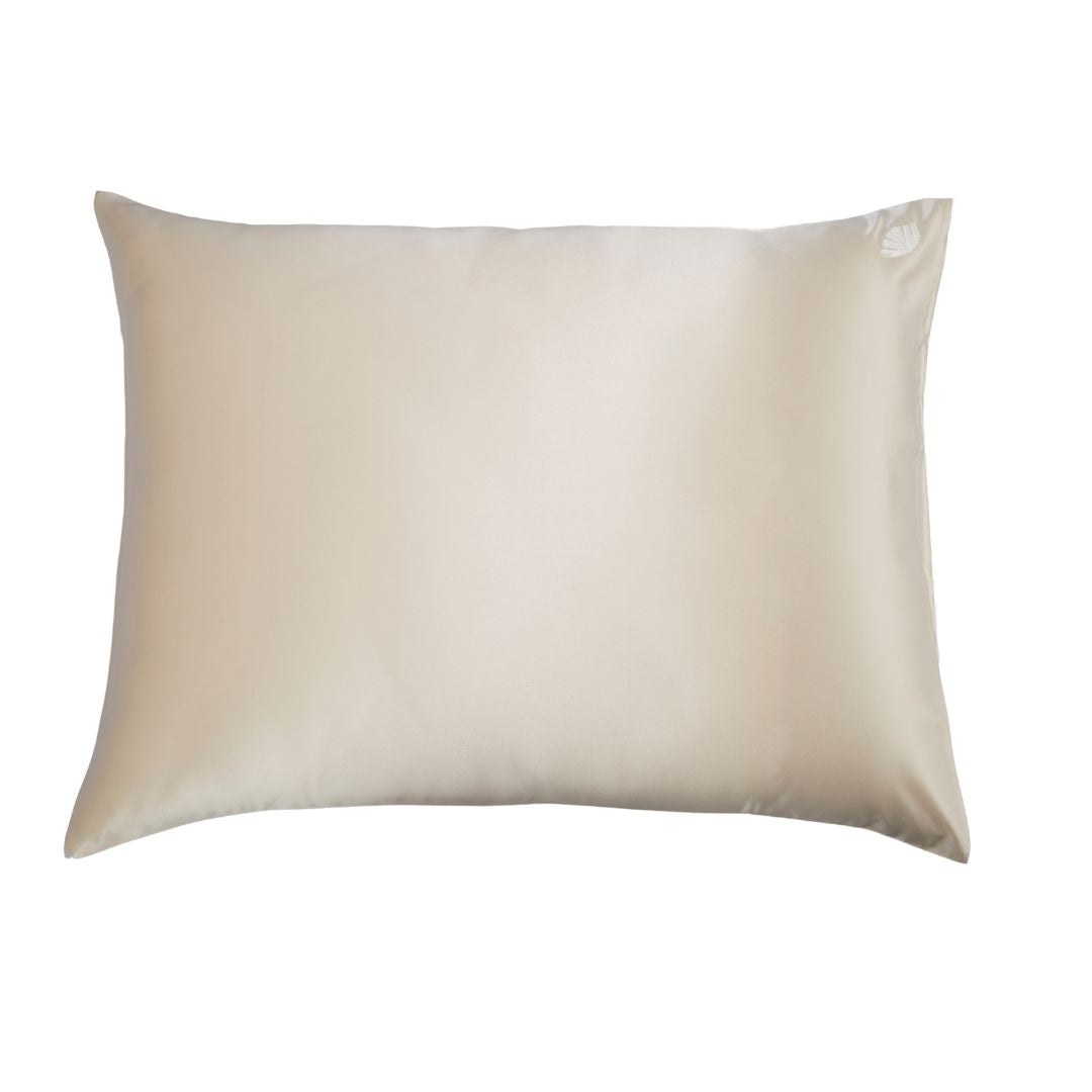 Champagne-colored Soreia embroidered mulberry silk pillowcase, 22 Momme charmeuse fabric, soft and luxurious bedding accessory.