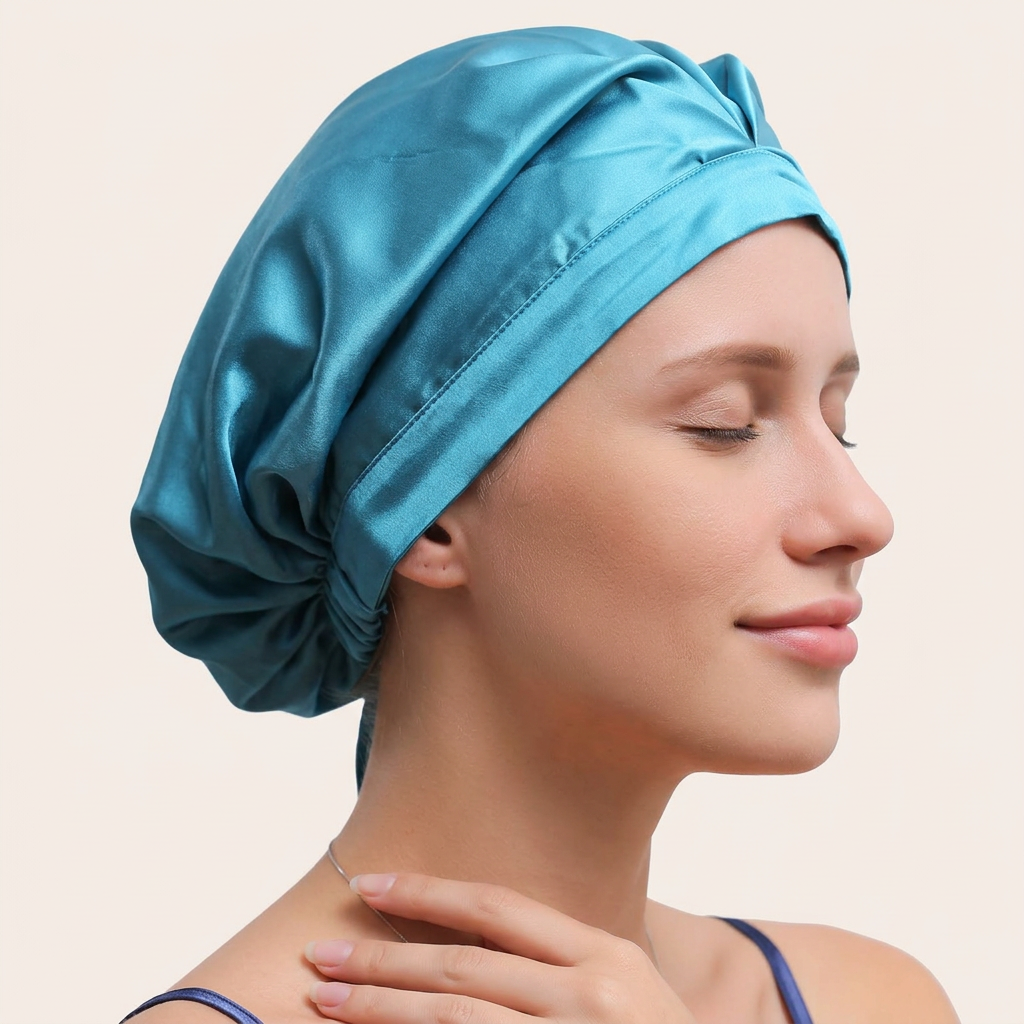 Person wearing a Peacock Green gathered sleep bonnet with a wide front band