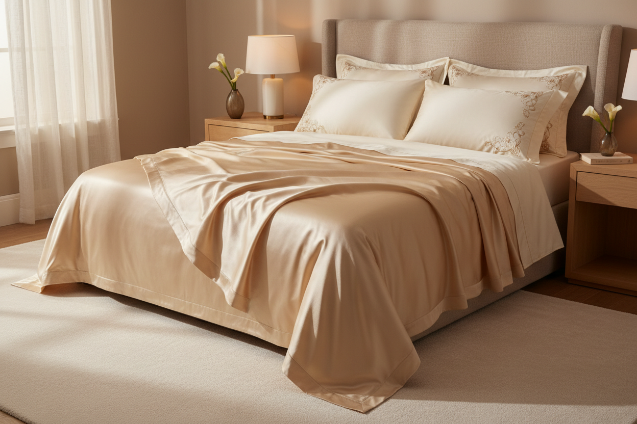 Soreia luxury silk sleep set featuring a 22 Momme silk comforter, flat sheet, and embroidered pillowcase on a bed.