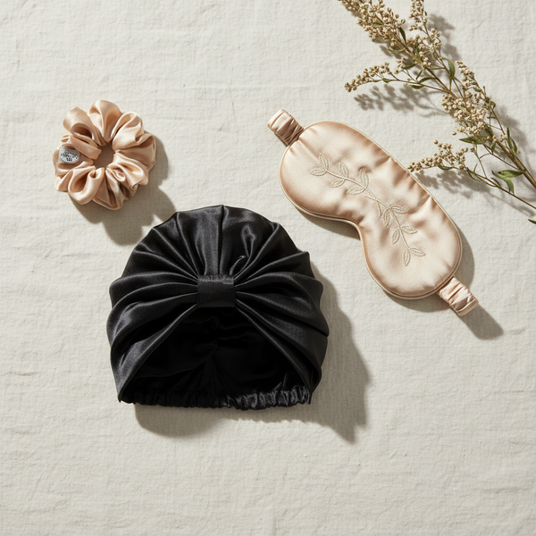 Organic silk sleep set by Soreia, including a mask, bonnet, and scrunchie, made from OEKO-TEX certified silk for restful nights.