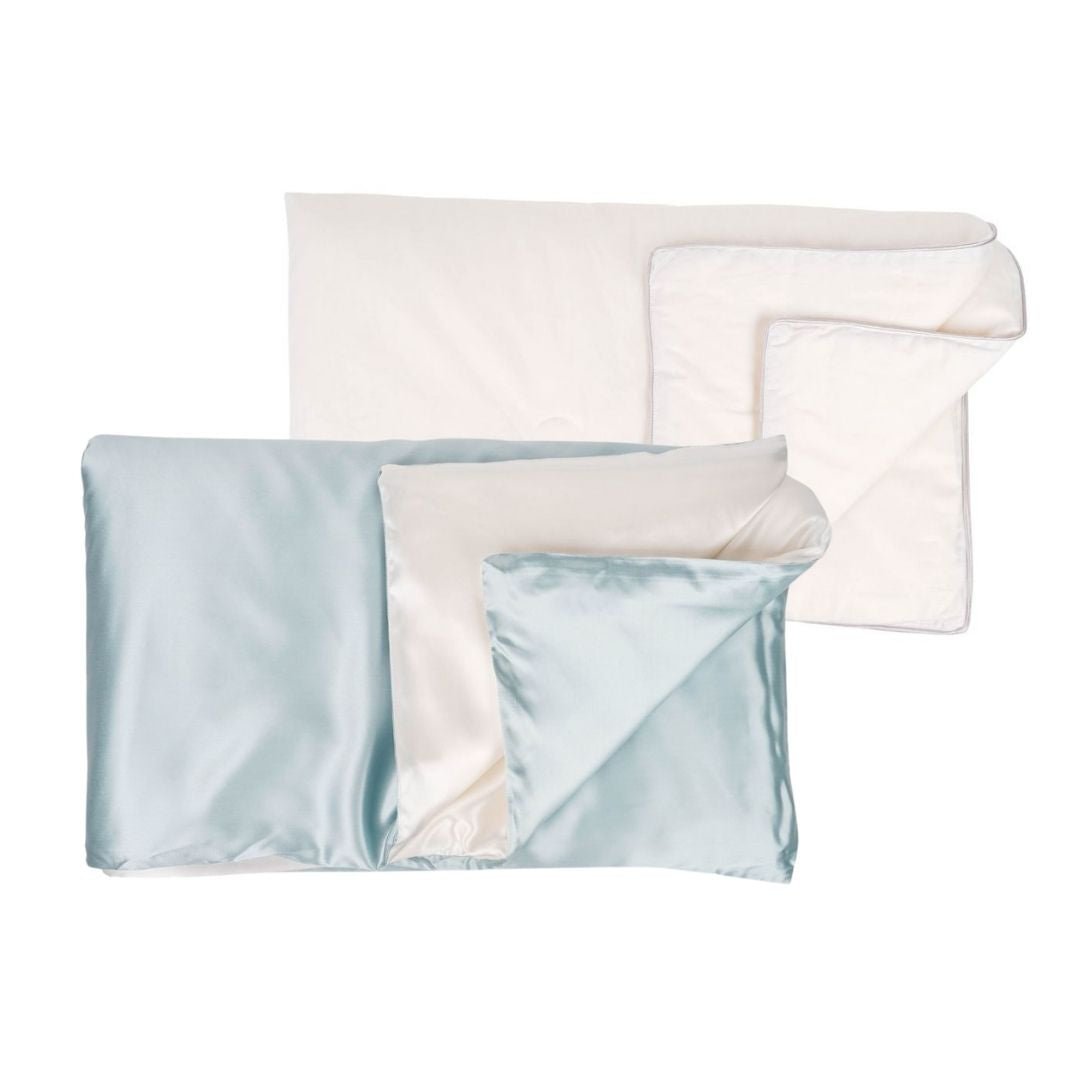 Baby blue Silk Baby Bundle of Joy gift set by Soreia, featuring soft silk baby accessories and adorable items for newborns.