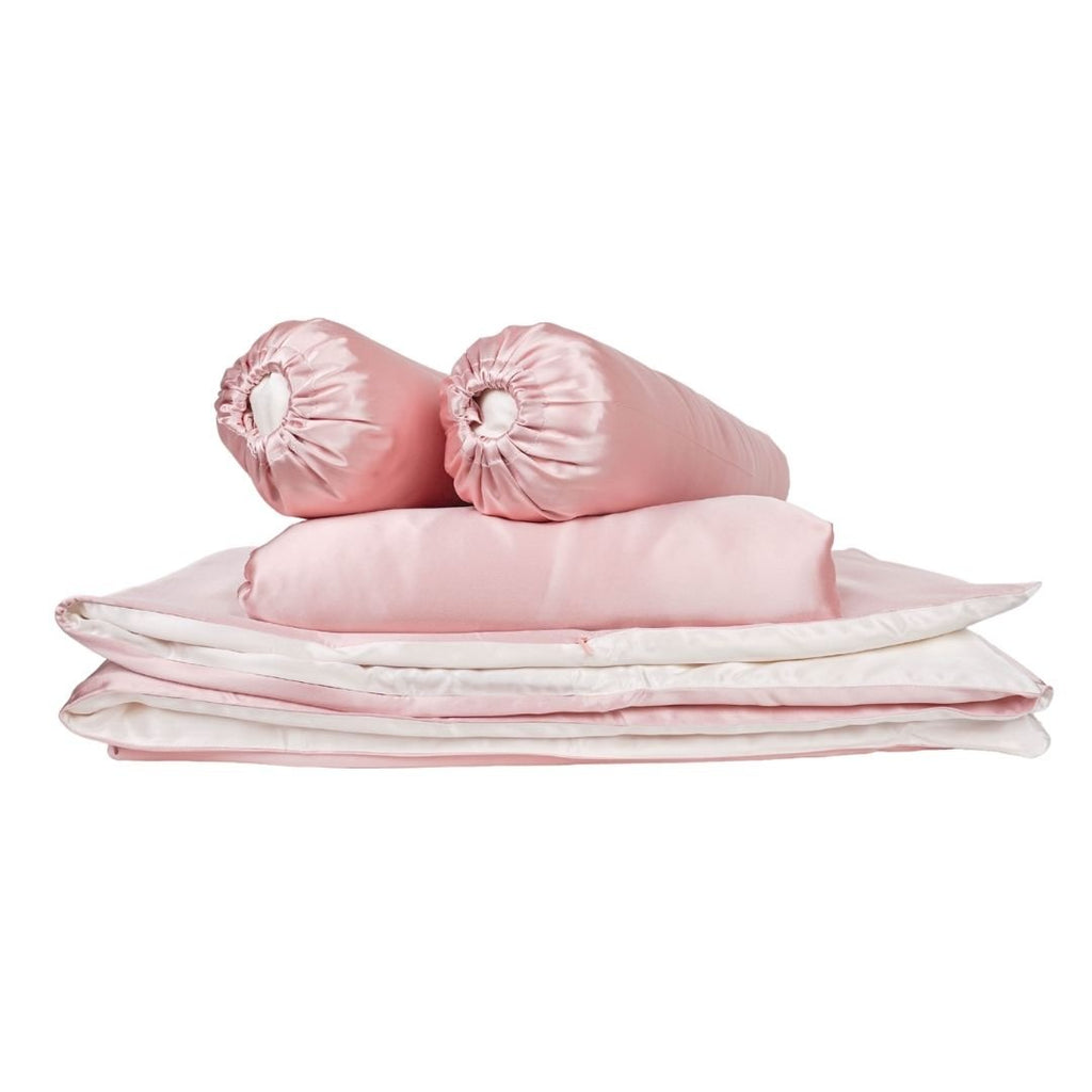 Soft pink silk baby gift set from Soreia, featuring a bundle of joy with luxurious baby pink silk accessories.