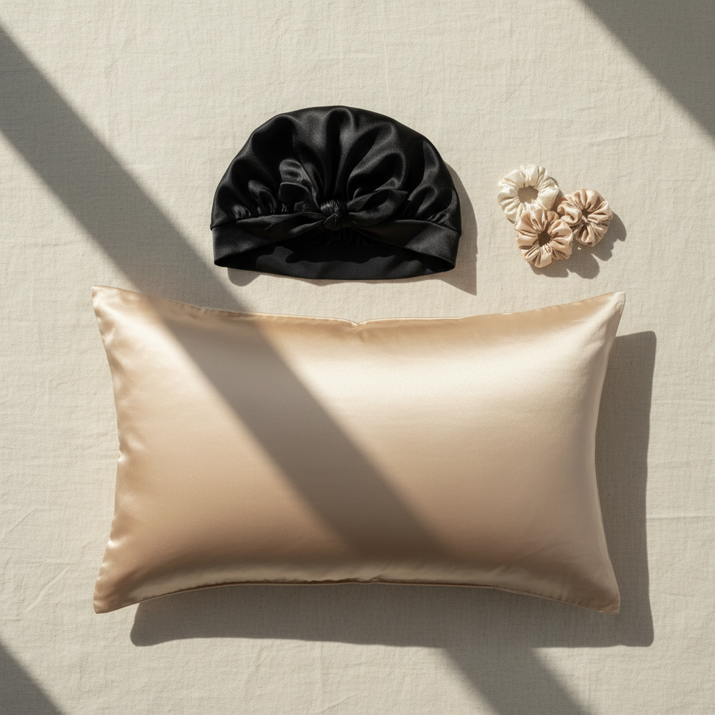 Soreia silk self-care gift set with pillowcase, hair bonnet, and hair bands made of 22 Momme silk for gentle hair and skin care.