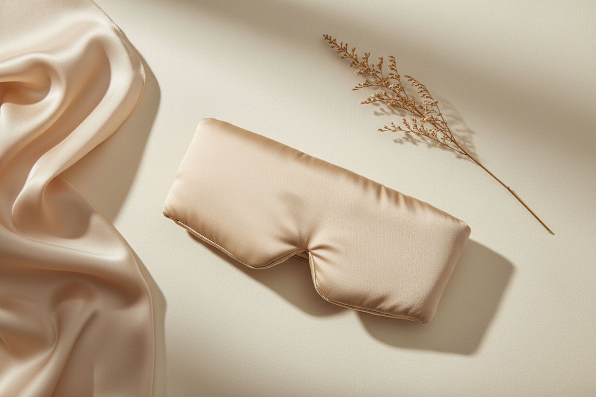 Beige silk sleep mask placed on a cream surface beside matching silk fabric and a dried twig.