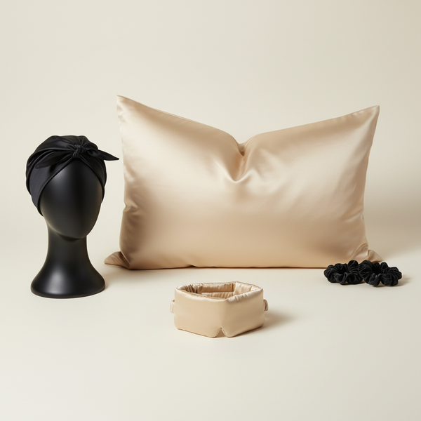 Soreia Ultimate Silk Sleep Set with champagne-white pillowcase, sleep mask, organic bonnet, and scrunchie on a white background.