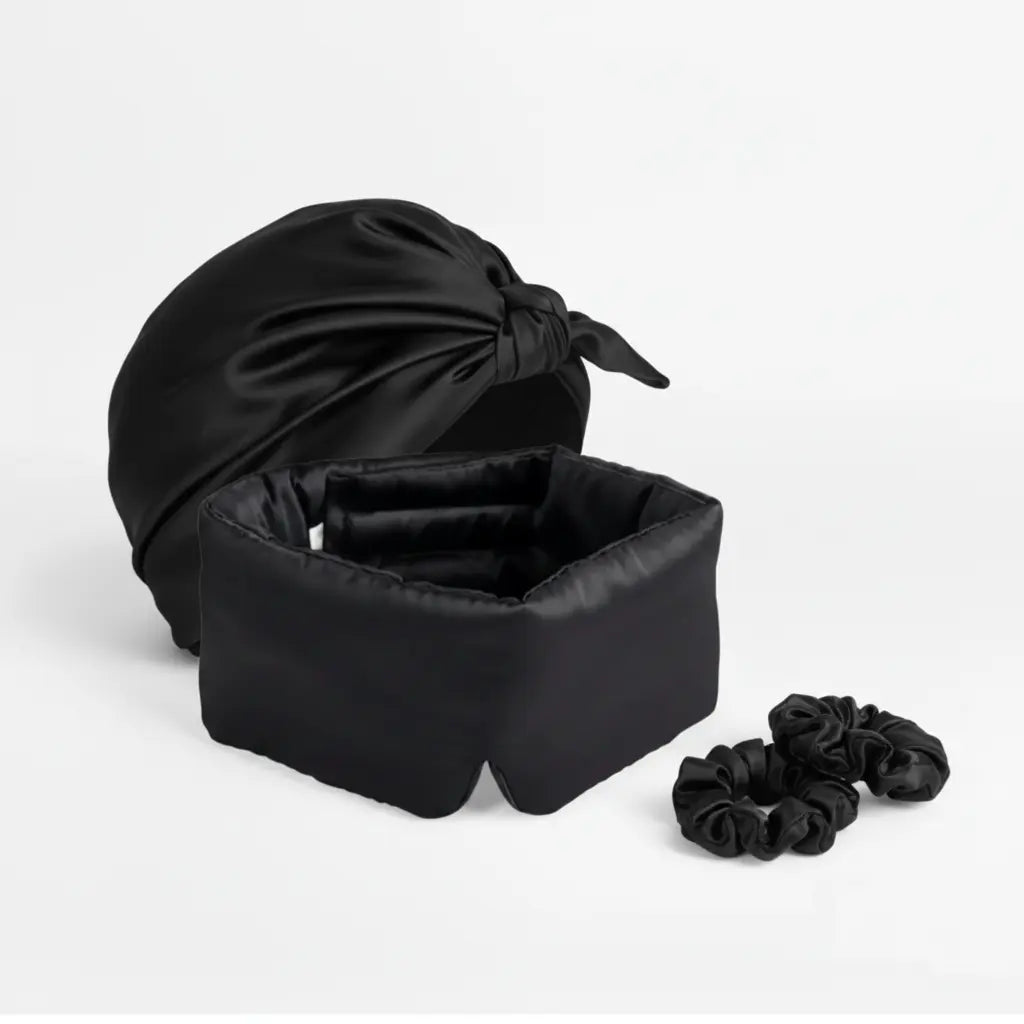 Soreia Complete Mulberry Silk Sleep Ritual Set with silk mask, bonnet, and scrunchies for gentle nighttime skincare and hair care.