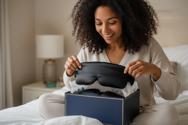 Silk sleep set by Soreia including a sleep mask, organic bonnet, and scrunchie made from 22 Momme Mulberry silk.