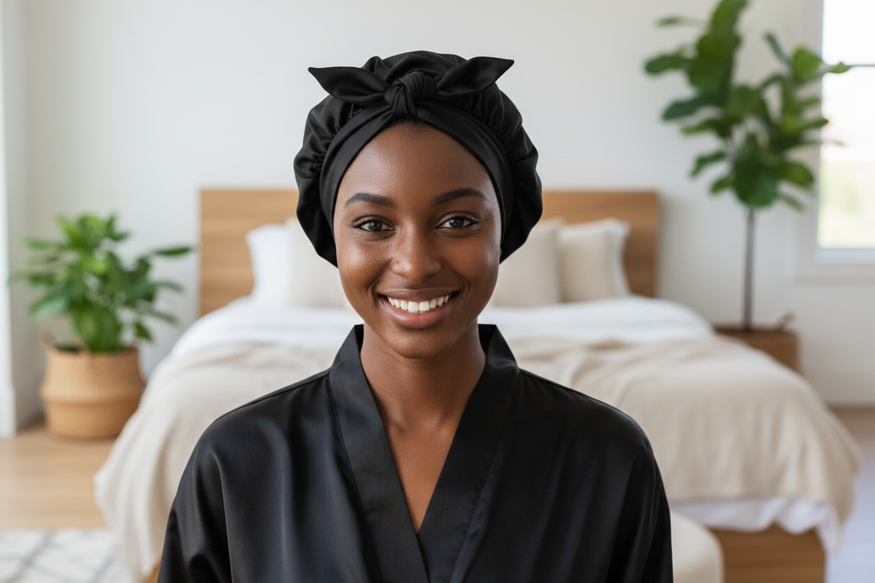 Soreia complete silk sleep set with mask, bonnet, and hair bands made of 22 Momme mulberry silk for luxurious sleep.
