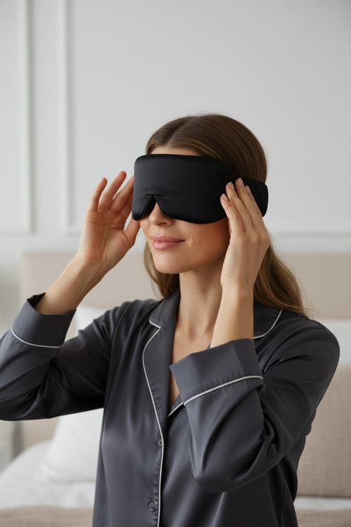 Soreia 22 Momme Mulberry Silk Sleep Mask in midnight black, soft and smooth silk for restful sleep and eye comfort.